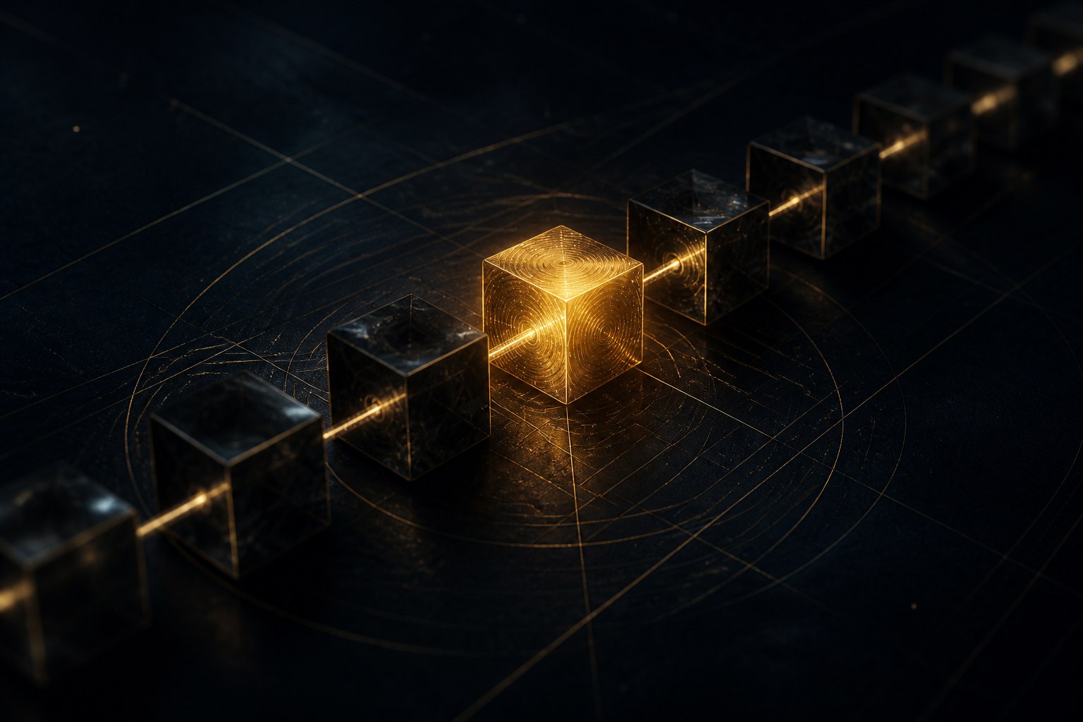 Abstract artwork: a chain of dark glass blocks threaded by a filament of gold light