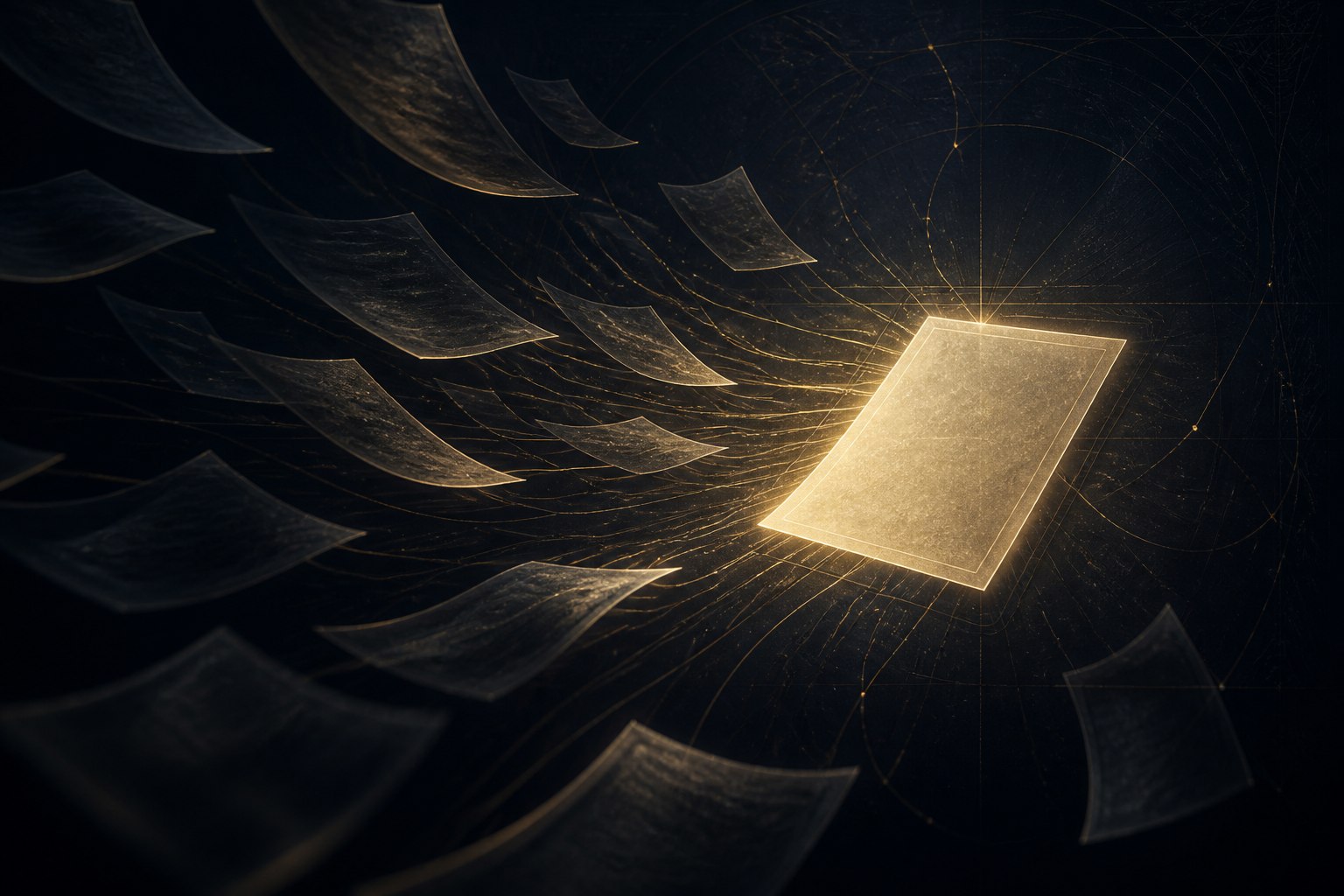 Abstract artwork: scattered translucent pages converging into one luminous document