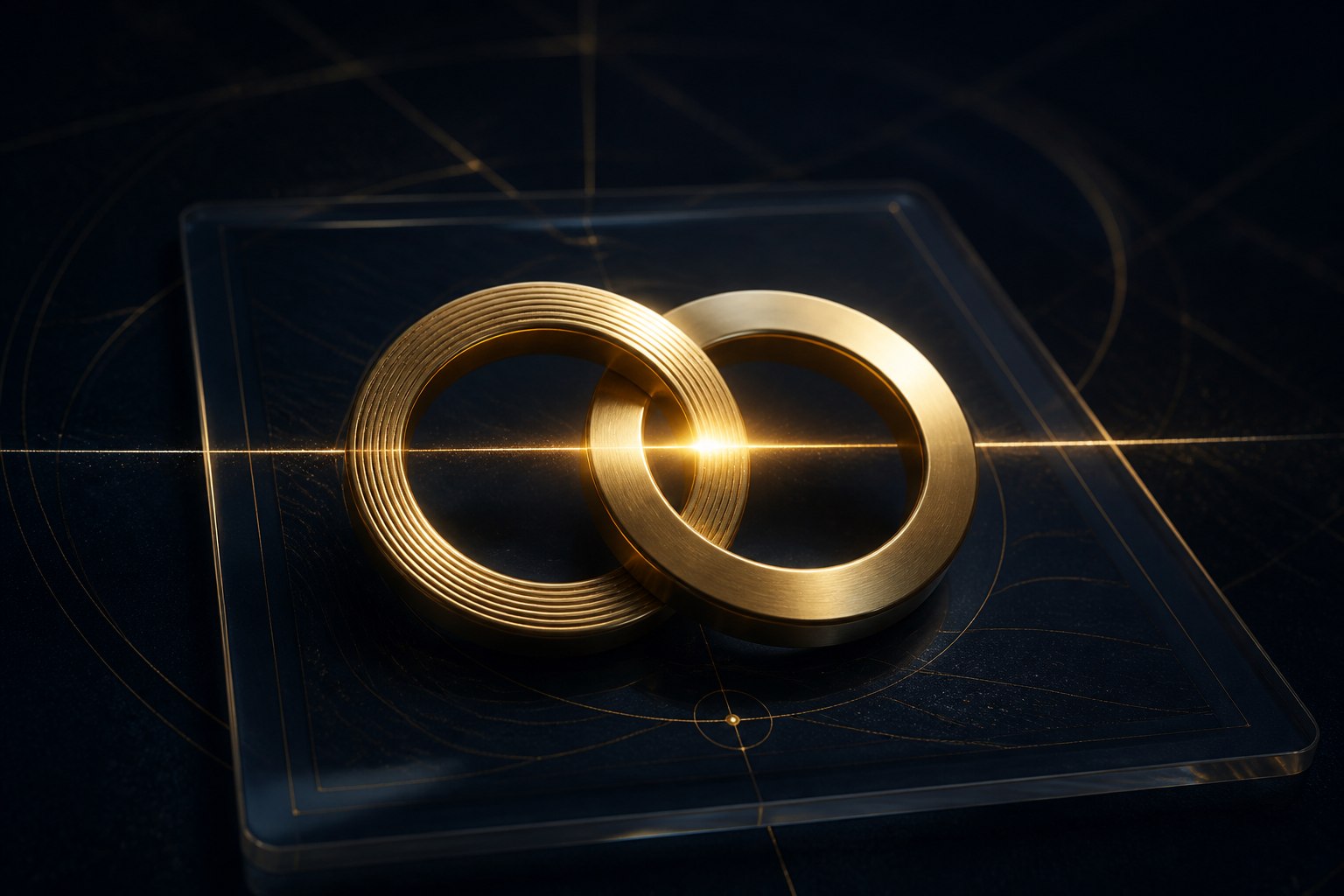 Abstract artwork: two interlocking gold rings above a dark glass document plane