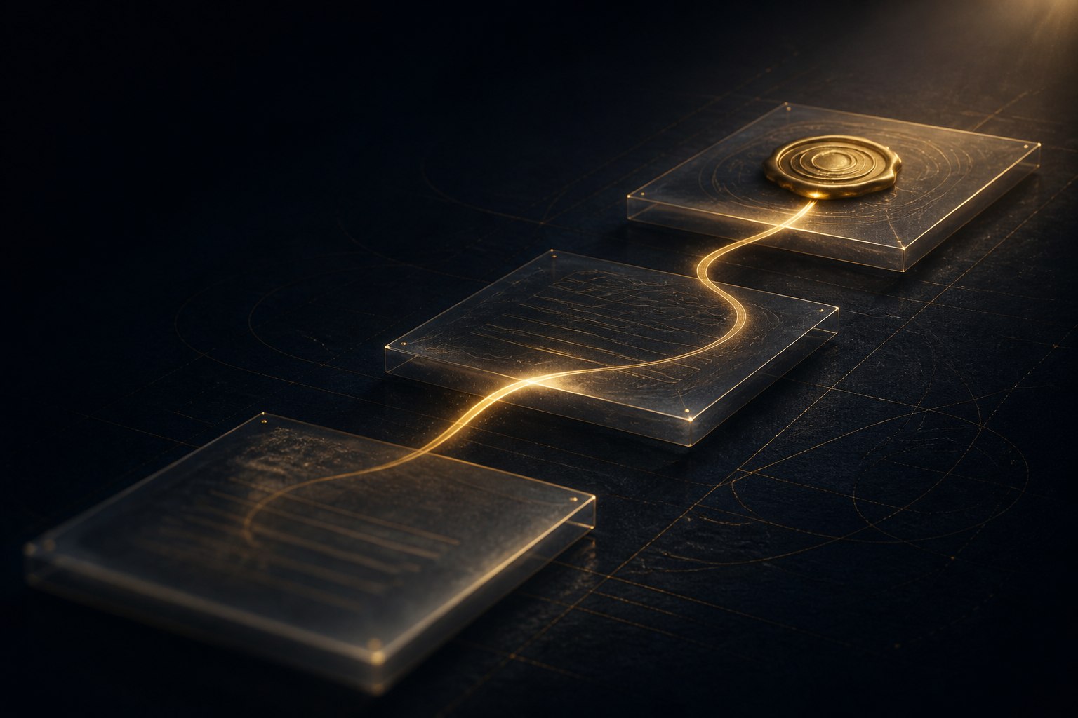 Abstract artwork: translucent document planes ascending toward a gold seal, connected by a ribbon of light