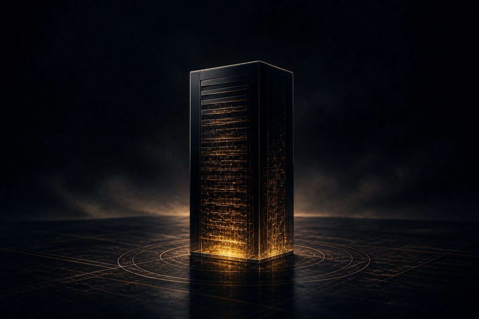 Abstract artwork: a sealed glass server tower with ventilation slits and gold circuitry glowing inside