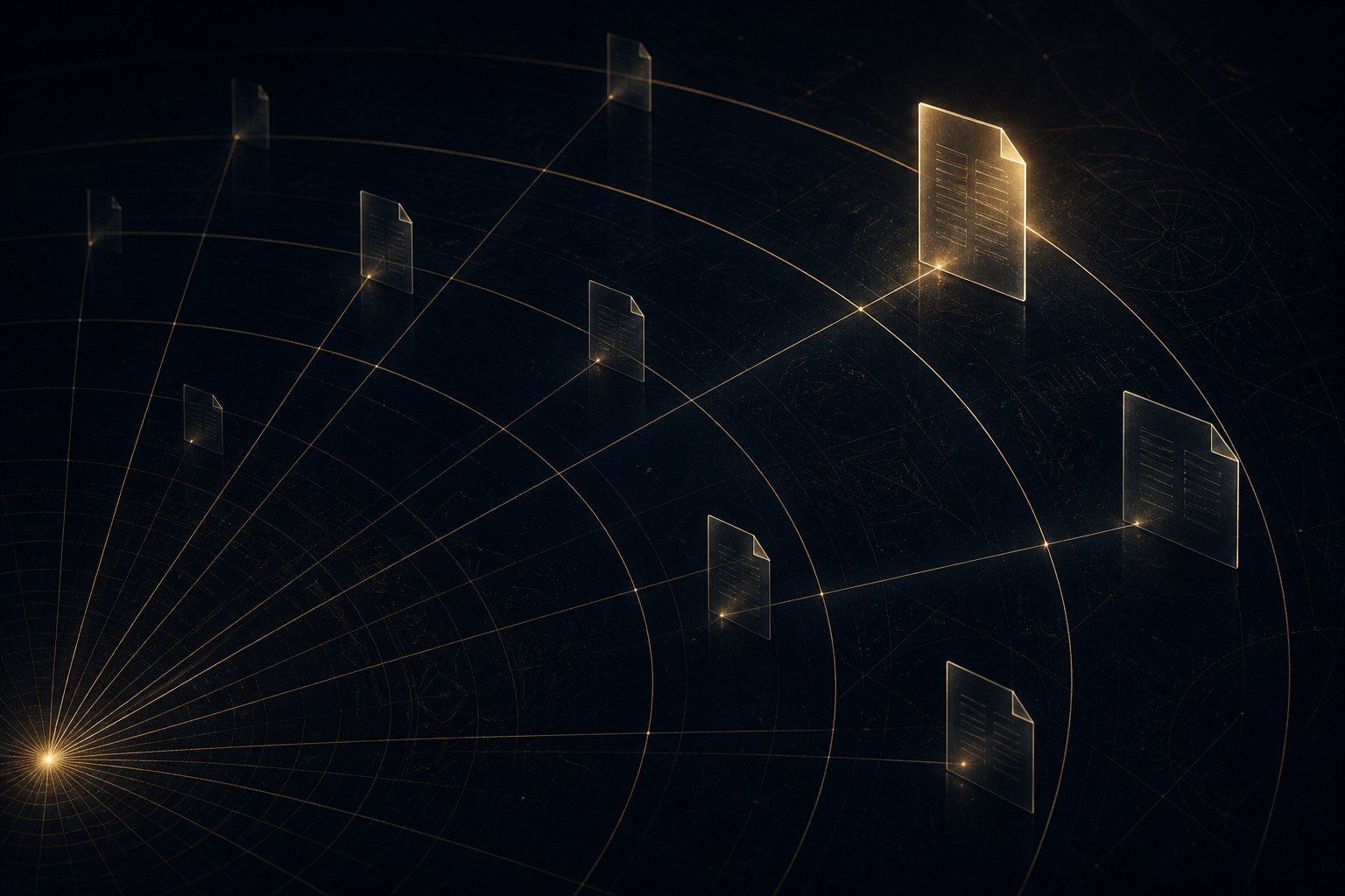 Abstract artwork: fine gold arcs radiating from one bright point, with glowing document panes along them