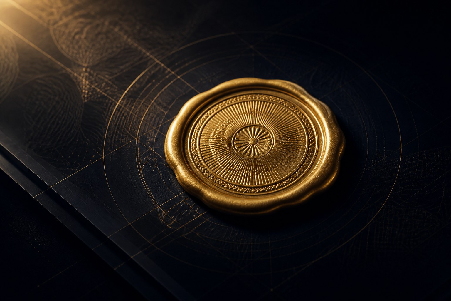 Abstract artwork: an engraved gold seal pressed onto a dark document plane