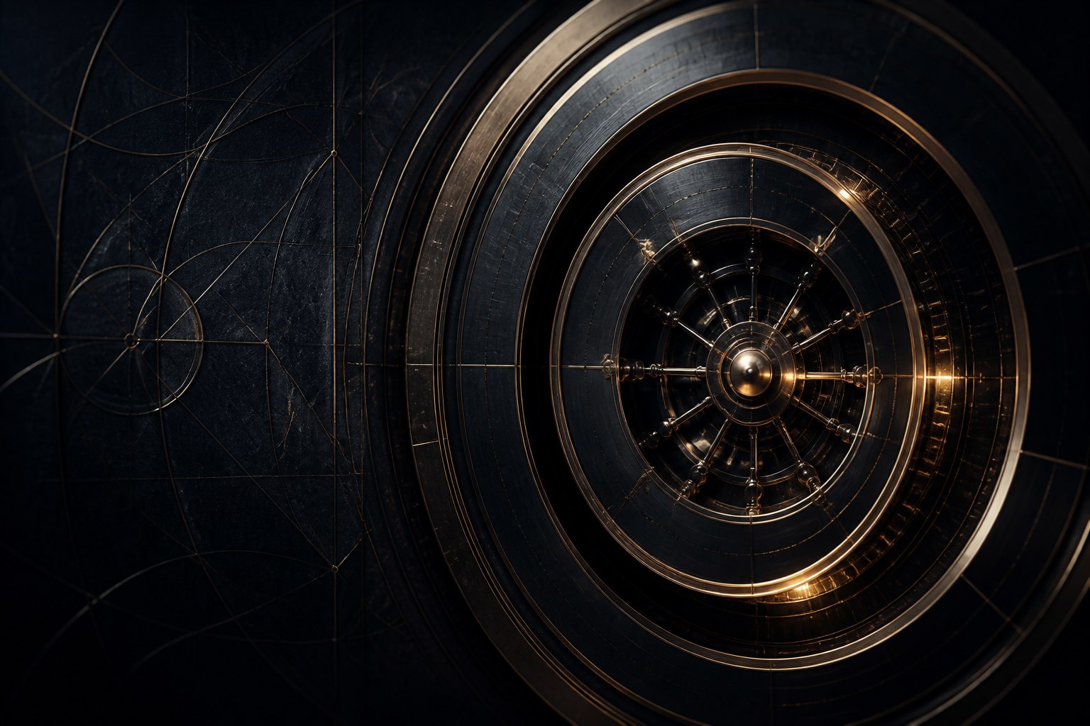 Abstract artwork: concentric vault-door rings traced in engraved gold